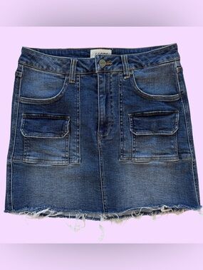 Ceros Dark Blue Denim Mini Skirt with Front Patch Pockets